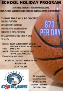 Keysborough basketball holiday clinic, April 21 & 22, $70 per day, venue Hampton Park